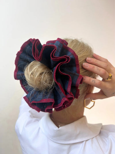 Azaria Scrunchie - Navy Check/Red Trim
