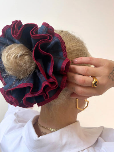 Azaria Scrunchie - Navy Check/Red Trim