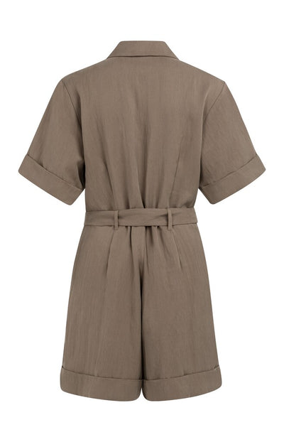 Playsuit with Double Button Closure & Belt - Washed Brown