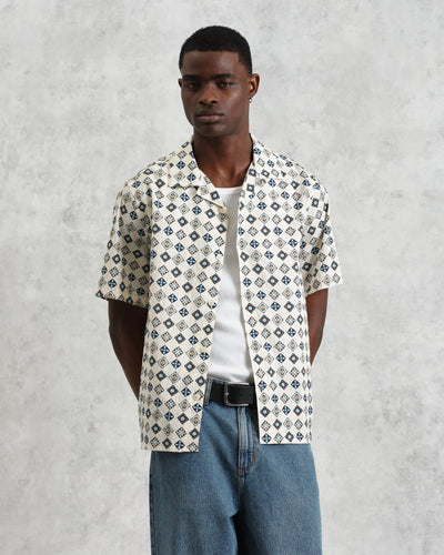 Didcot Seersucker Shirt - Ecru And Multicolour Geometric Tile