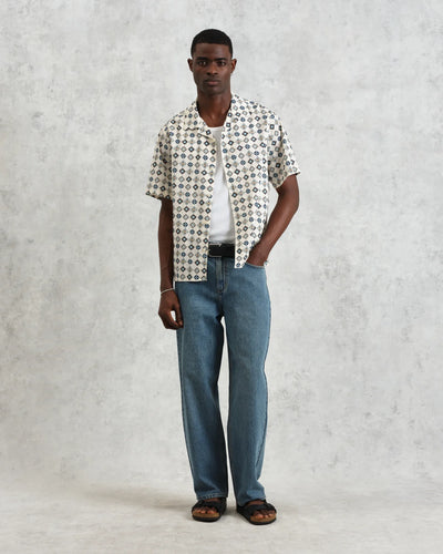Didcot Seersucker Shirt - Ecru And Multicolour Geometric Tile