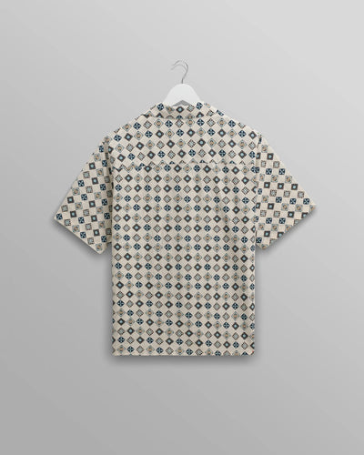 Didcot Seersucker Shirt - Ecru And Multicolour Geometric Tile