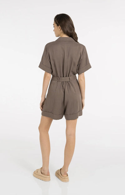 Playsuit with Double Button Closure & Belt - Washed Brown