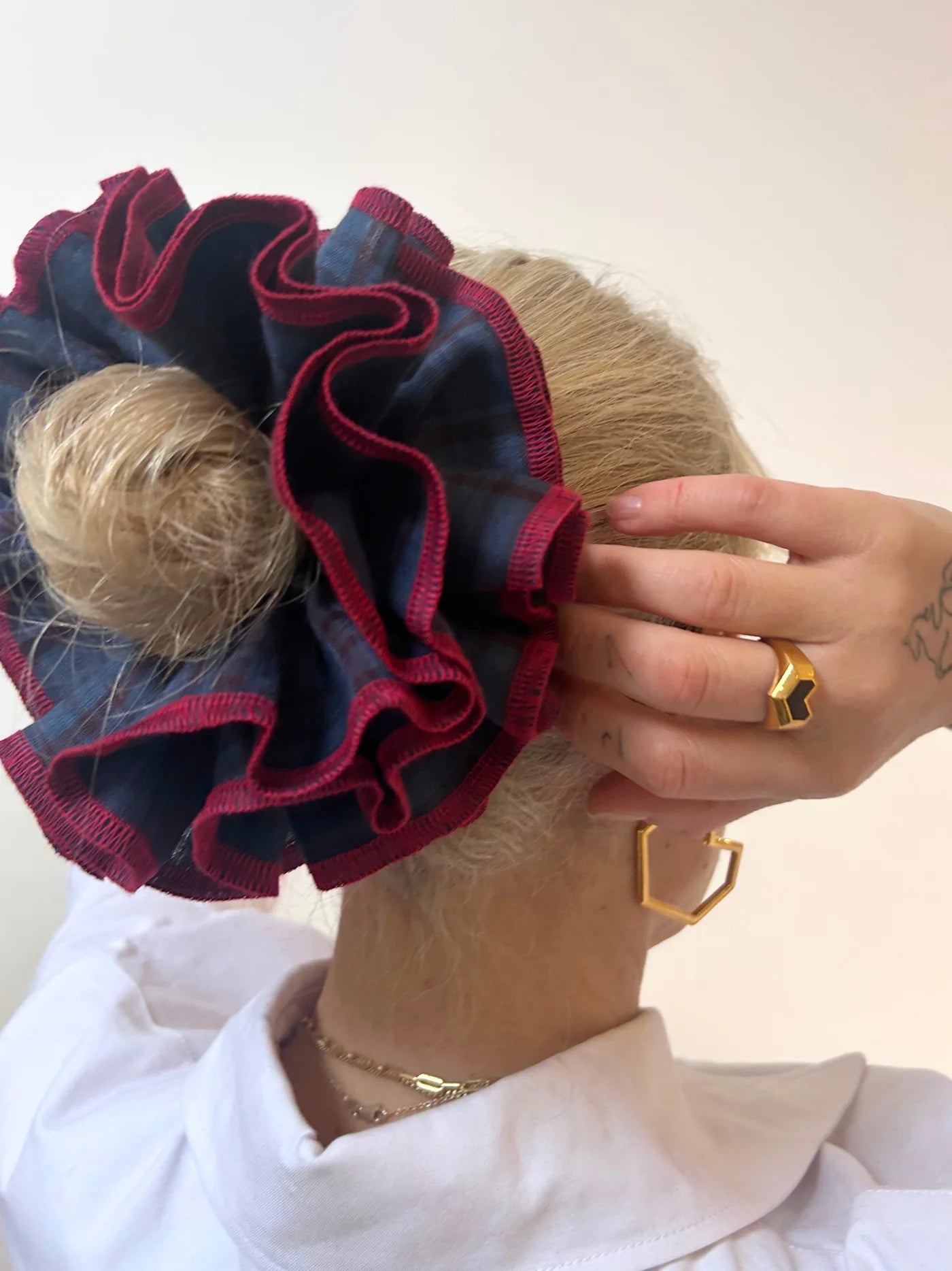 Azaria Scrunchie - Navy Check/Red Trim