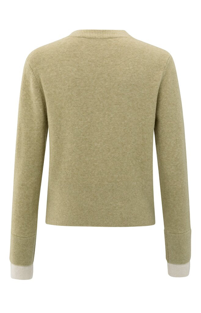 Cardigan with Contrast Details - Olive Green Melange
