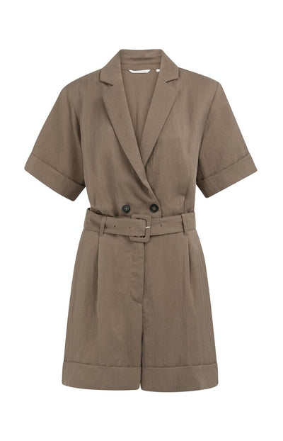 Playsuit with Double Button Closure  & Belt - Washed Brown
