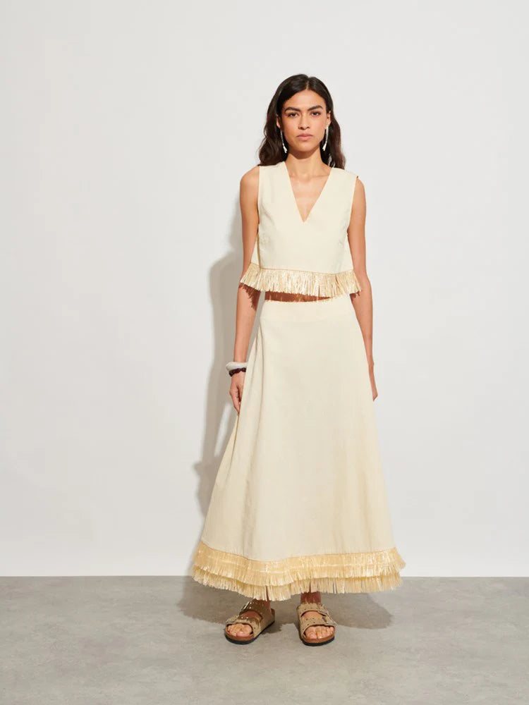Mav Raffia Midi Skirt - Cream