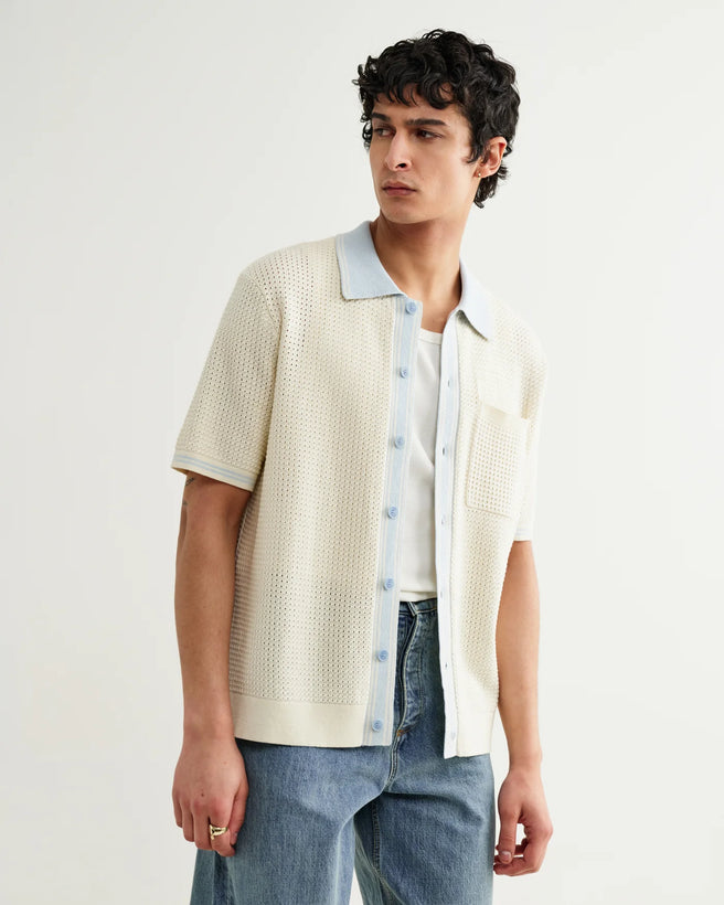 Belle Shirt Tipped Pointelle - Ecru / Pale Blue
