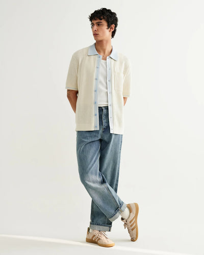 Belle Shirt Tipped Pointelle - Ecru / Pale Blue