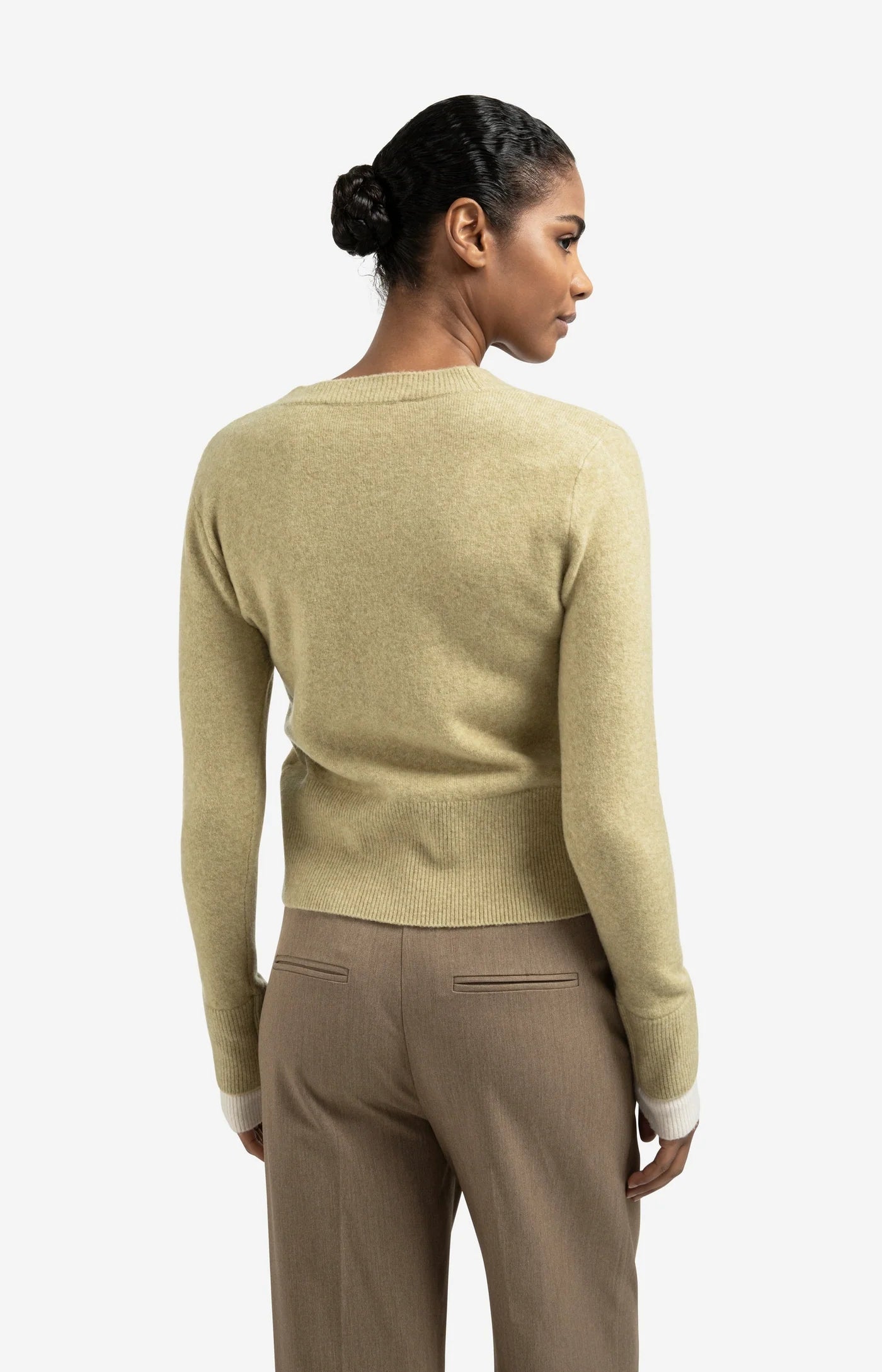 Cardigan with Contrast Details - Olive Green Melange
