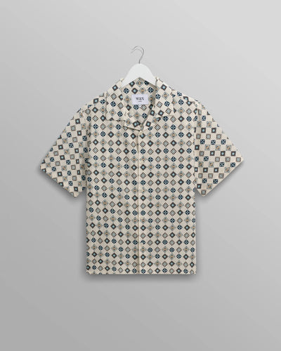 Didcot Seersucker Shirt - Ecru And Multicolour Geometric Tile