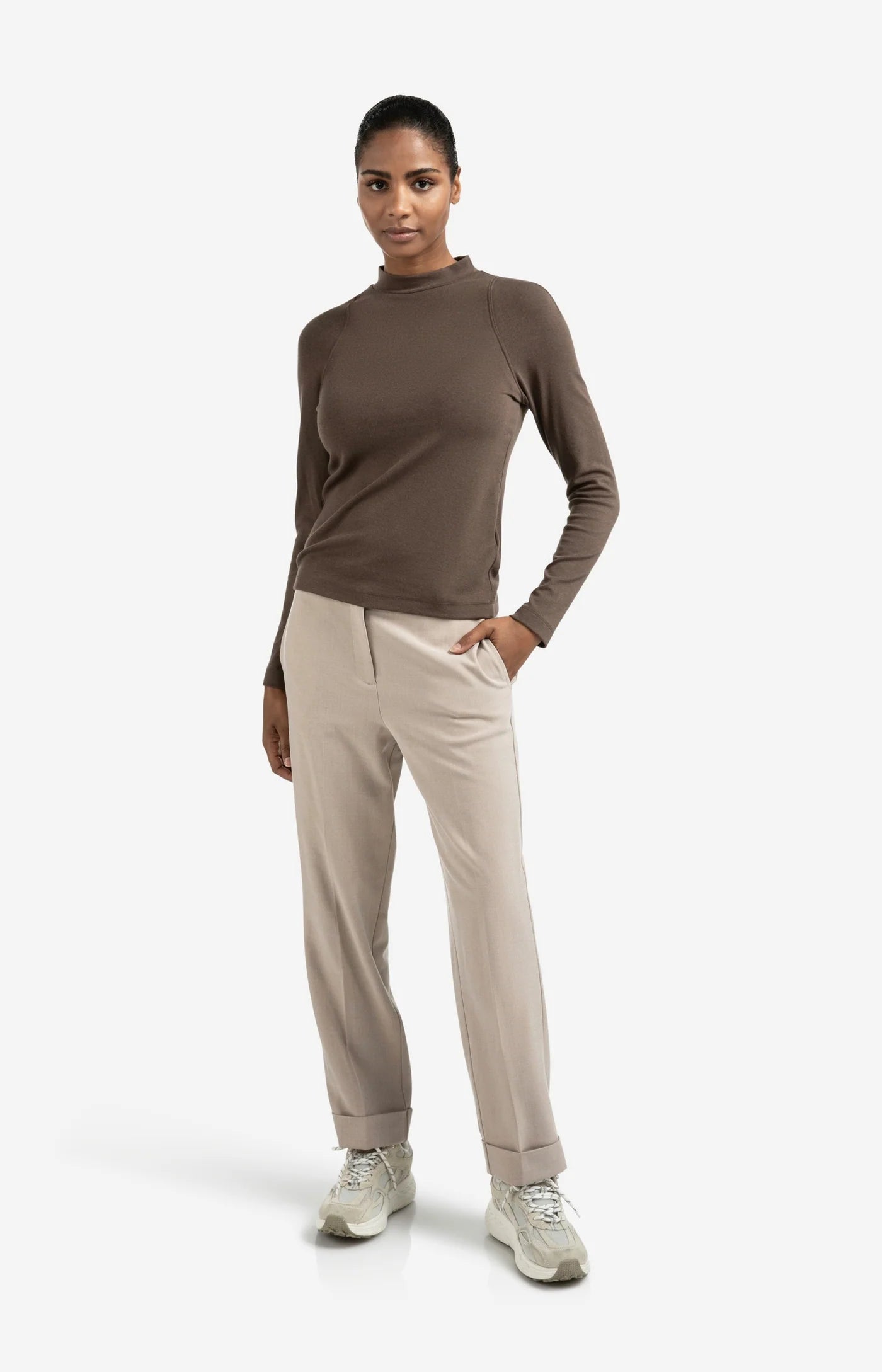Long Sleeve Mock Neck Top - Brown