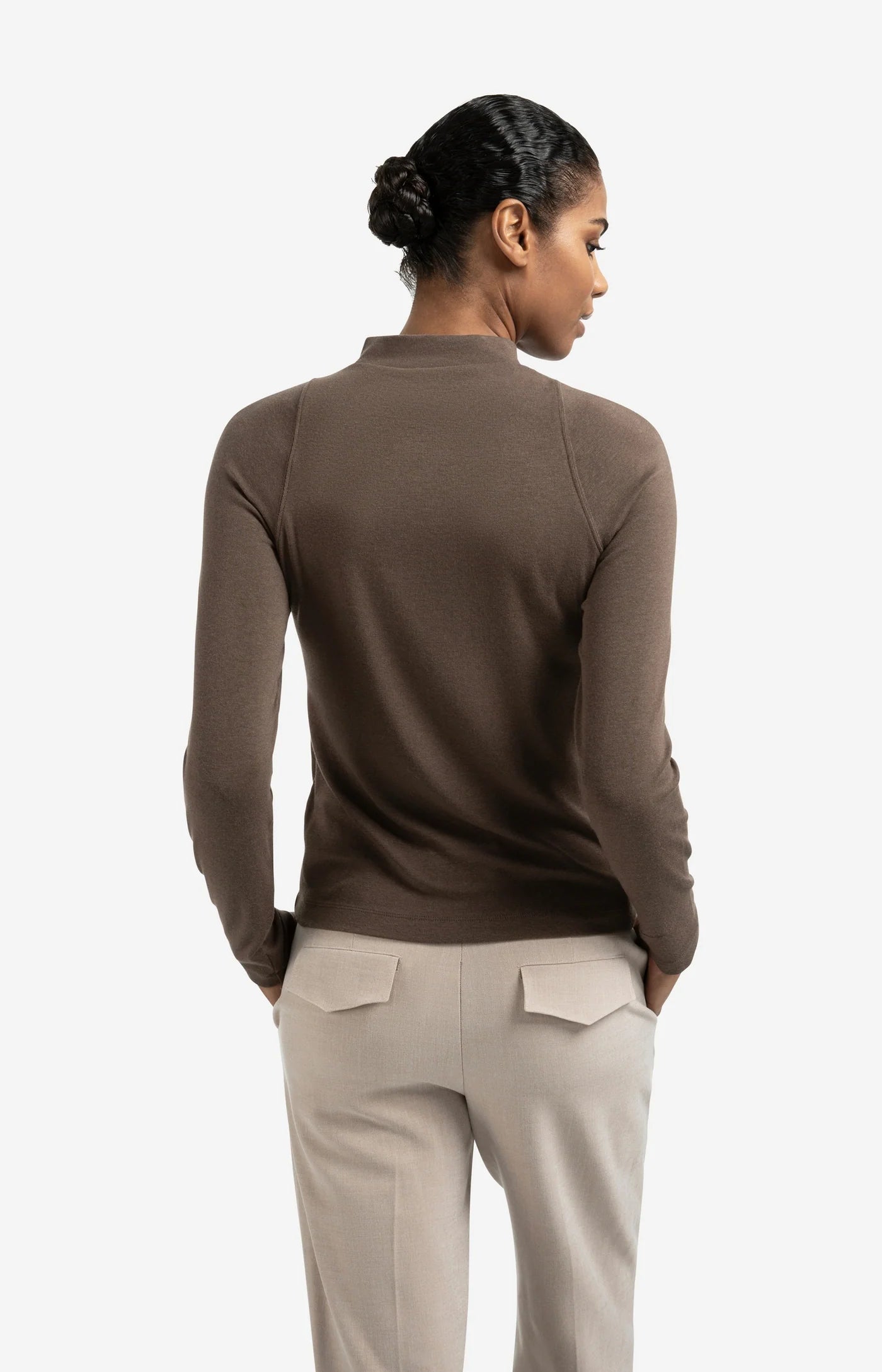 Long Sleeve Mock Neck Top - Brown