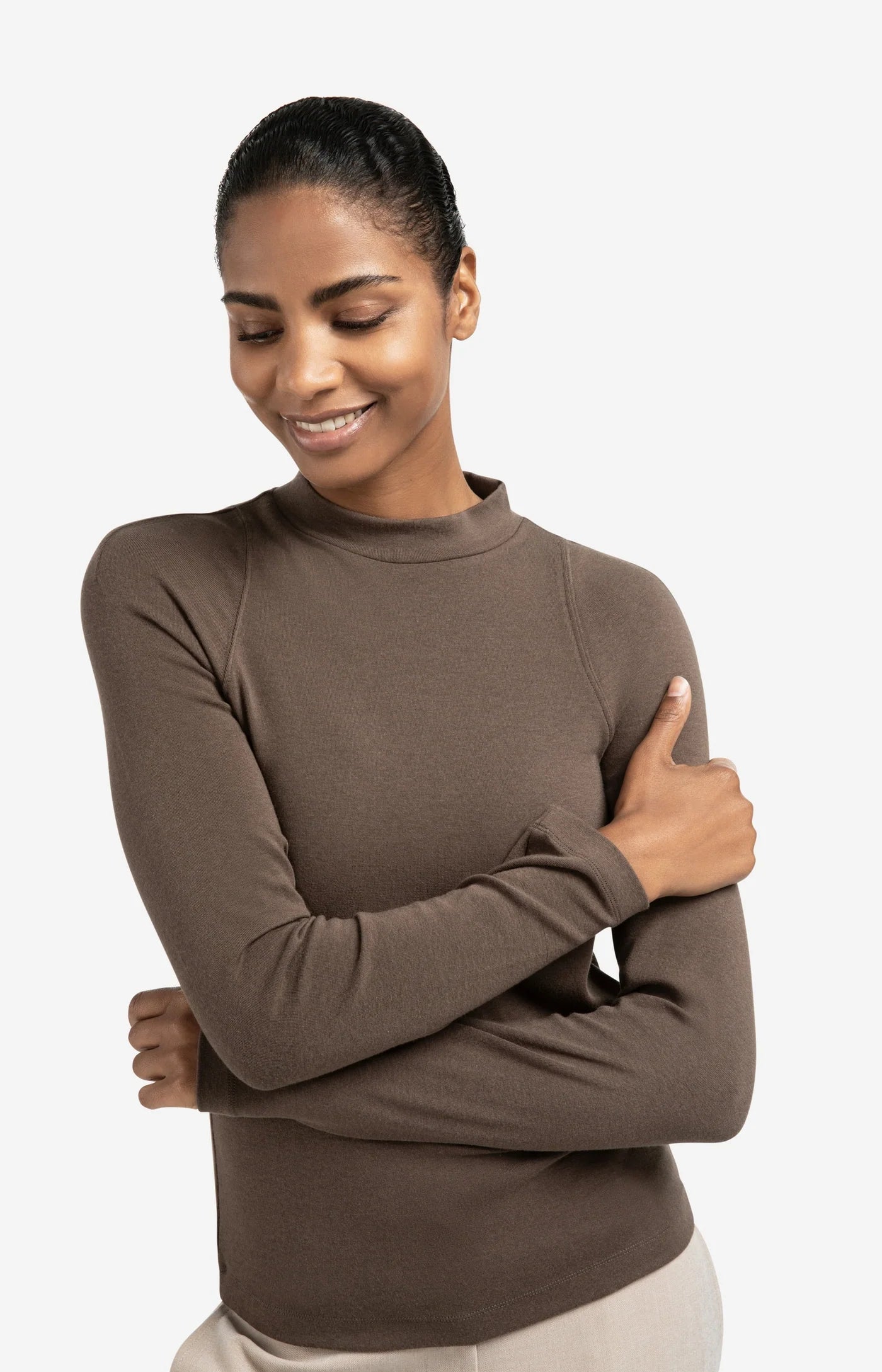 Long Sleeve Mock Neck Top - Brown