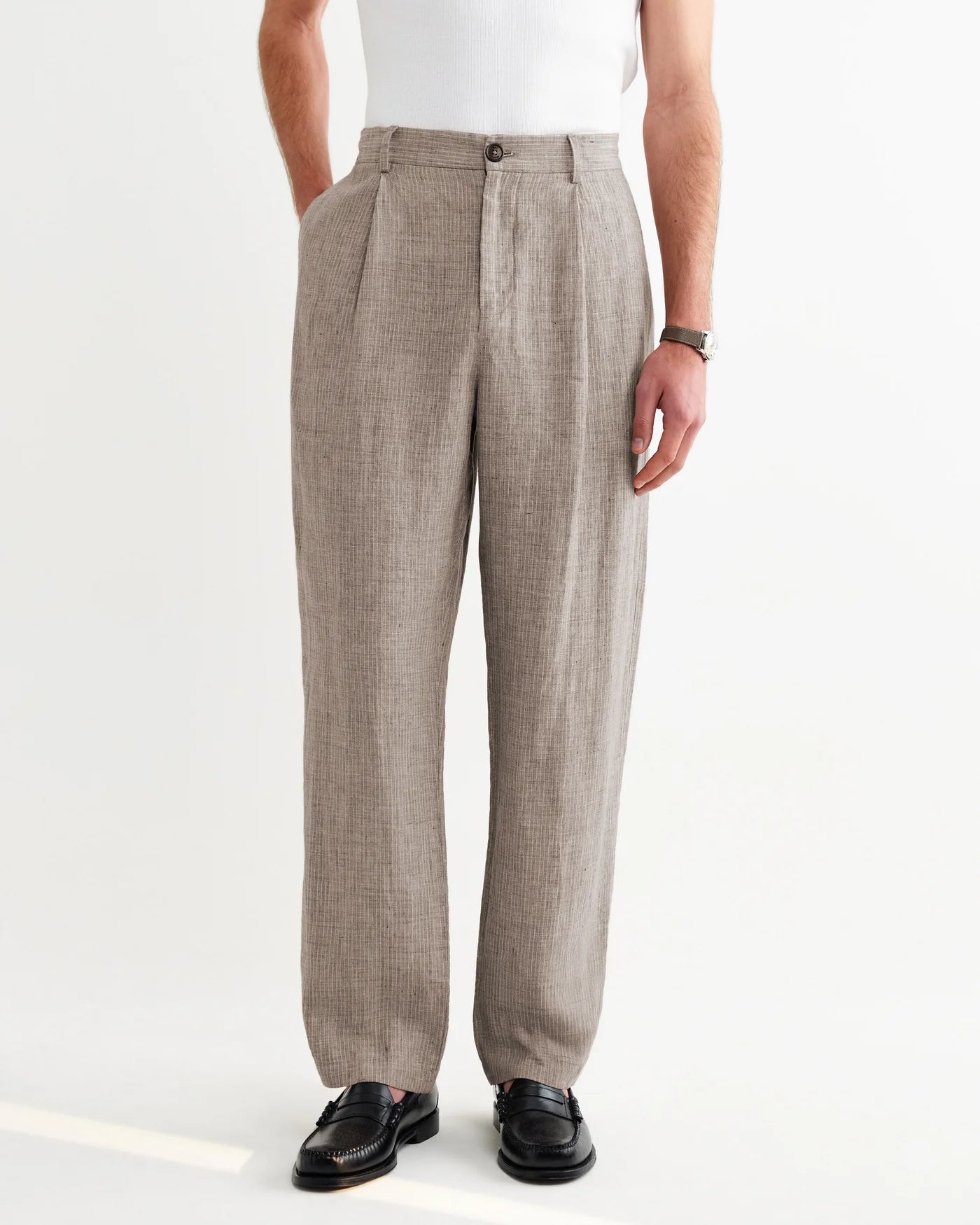 Malham  Linen Trousers - Natural / Brown Stripes