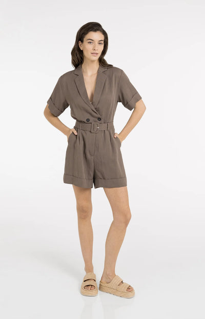 Playsuit with Double Button Closure  & Belt - Washed Brown